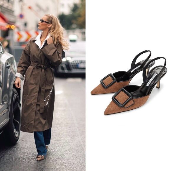 MANOLO BLAHNIK Brown Wool & Black Leather Buckle Mayslibi Heels EU 37 US 7 Shoes - Picture 10 of 10